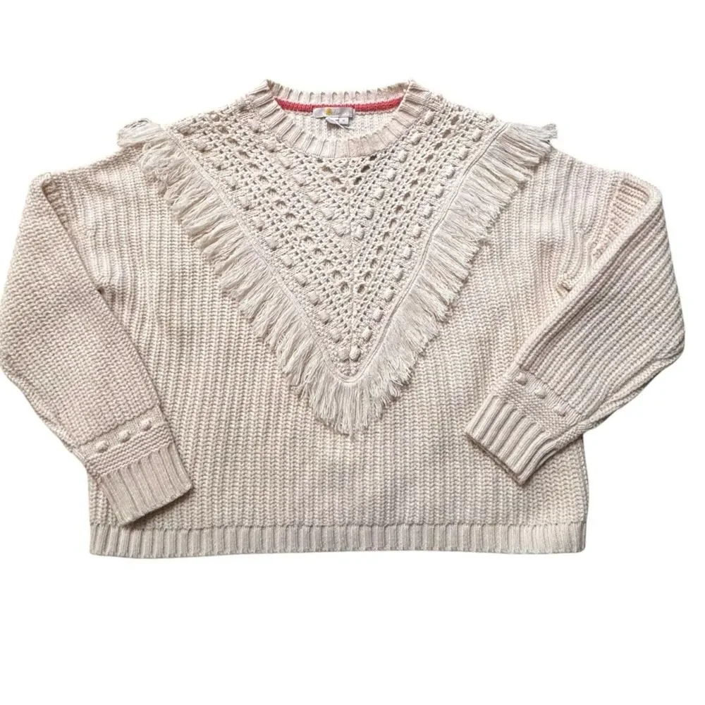 Boden Women's M Cream Wool Blend Chunky Knit Fringe Crochet Sweater NWT